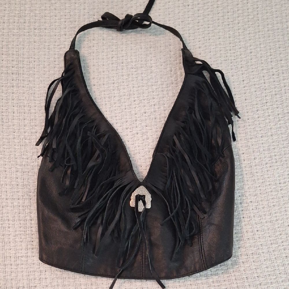 Black Leather Halter With Fringe, Waist Adjusts 25" To 60"